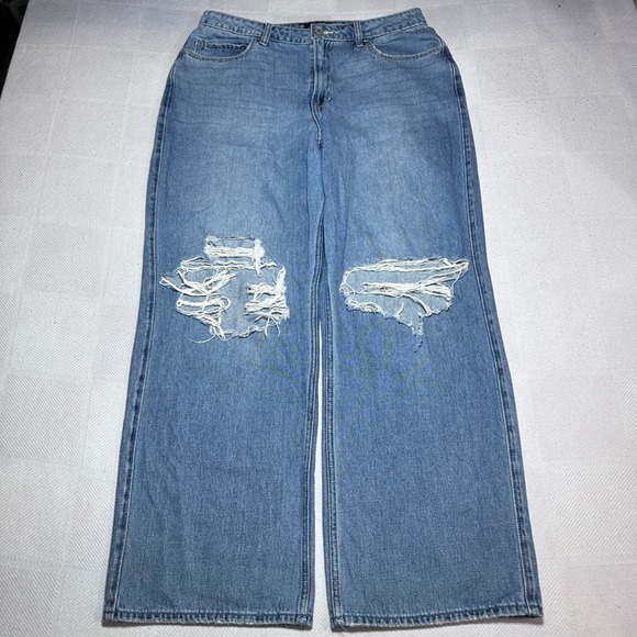 Hollister Denim - Hollister Ultra High-Rise Baggy‎ Jeans Womens 14R 32R Distressed Medium Wash